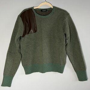LAUREN RALPH LAUREN - GREEN BROWN FAUX LEATHER PATCH WOOL BLEND SWEATER